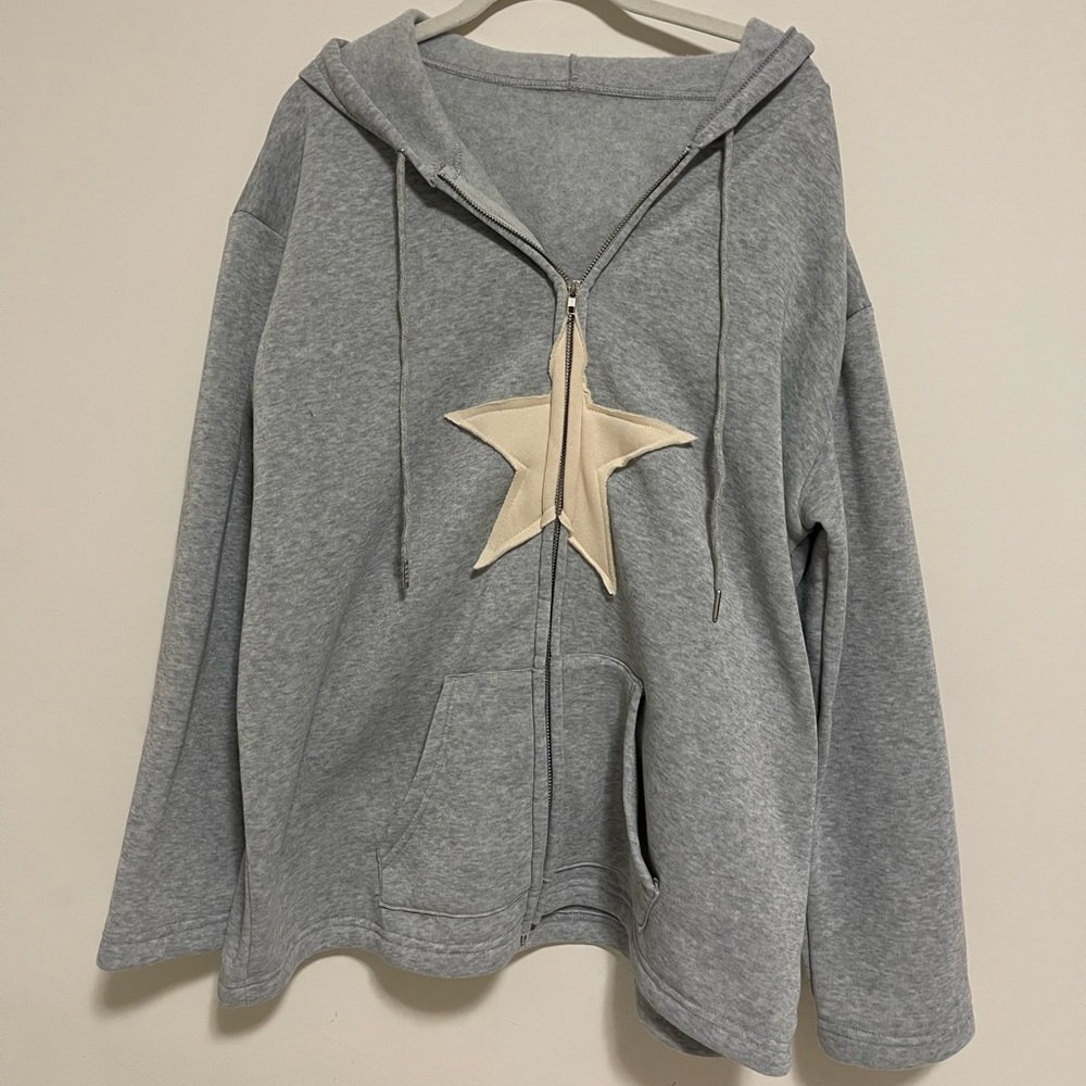 YesStyle Naocy.n Gray Star Patch Embroidered Zip Up Hoodie - Size L